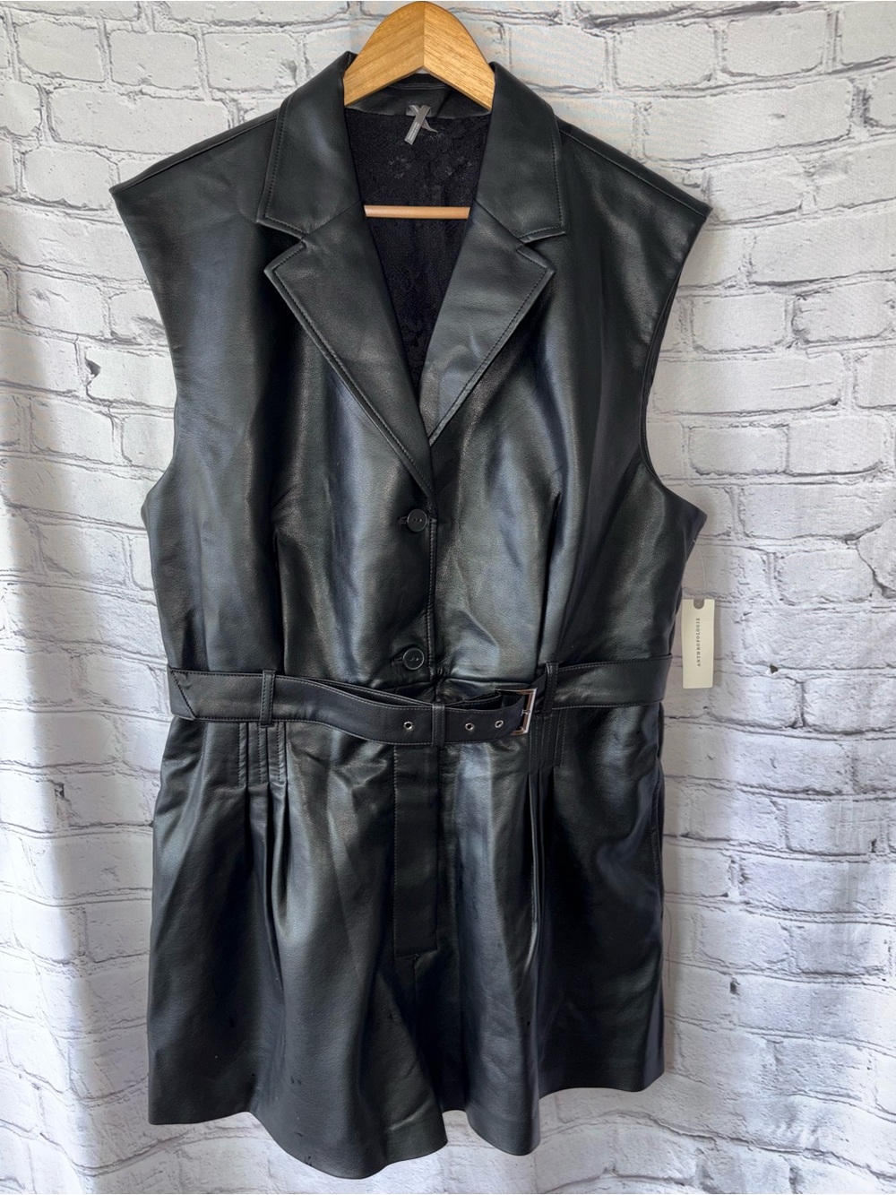 Anthropologie Black Faux Leather Blazer Romper Sleeveless Belt Pockets NWT $178 - Picture 2 of 16